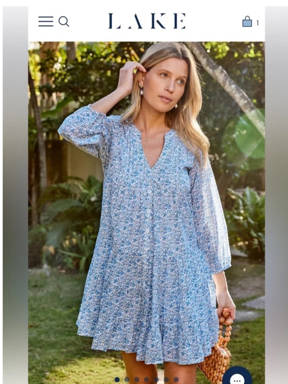 LAKE Eloise Floral Blue & White Tiered Dress Button Front Cotton Medium